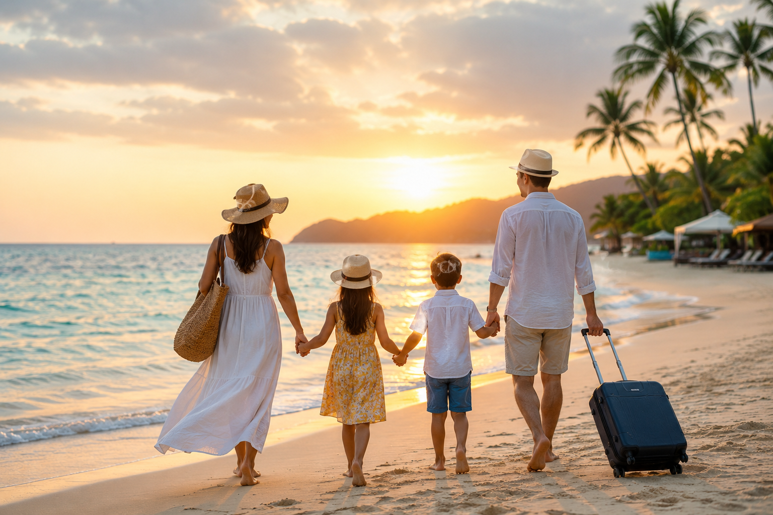 Family walking along a beach at sunset