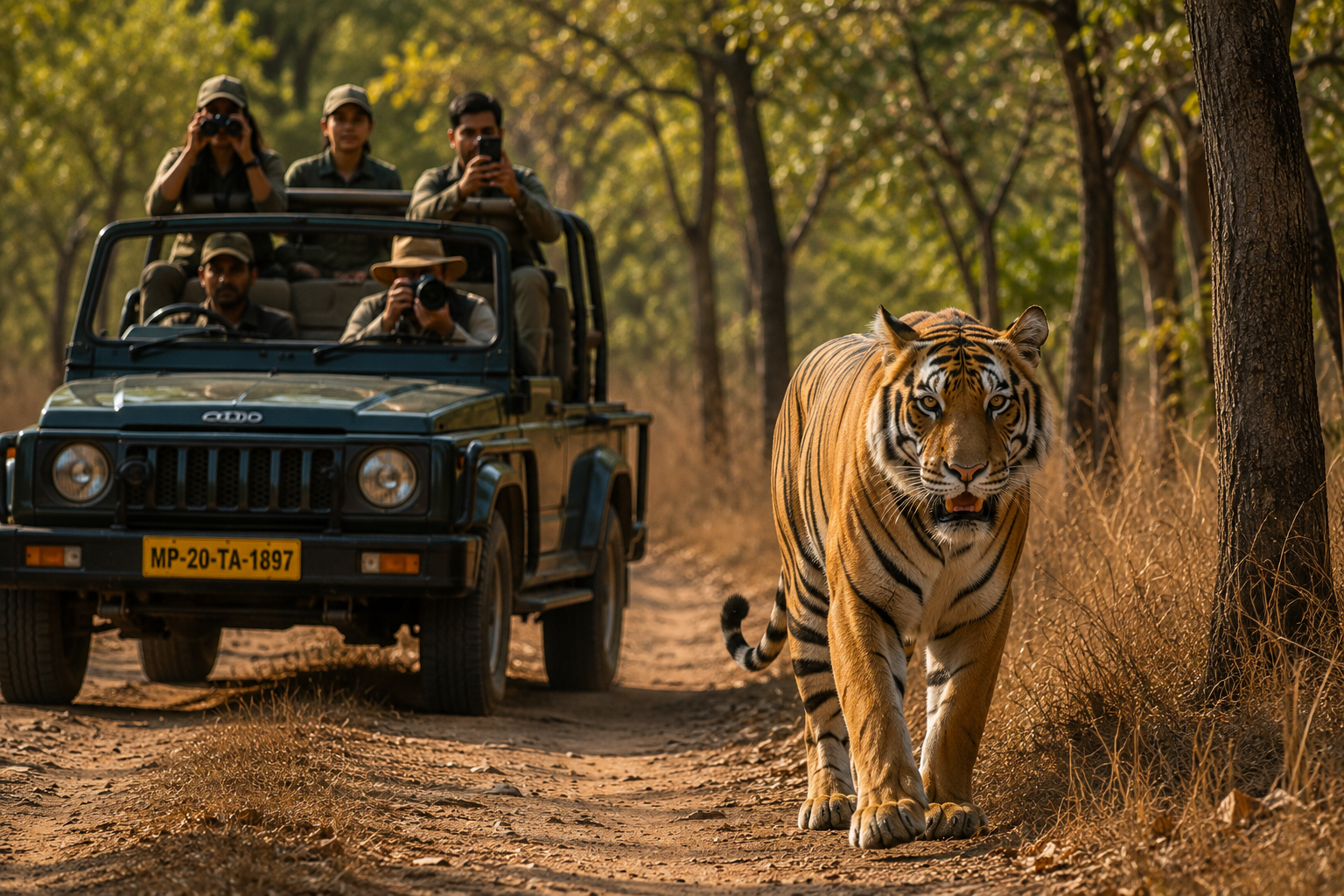 Tiger crossing a forest track in front of a safari jeep