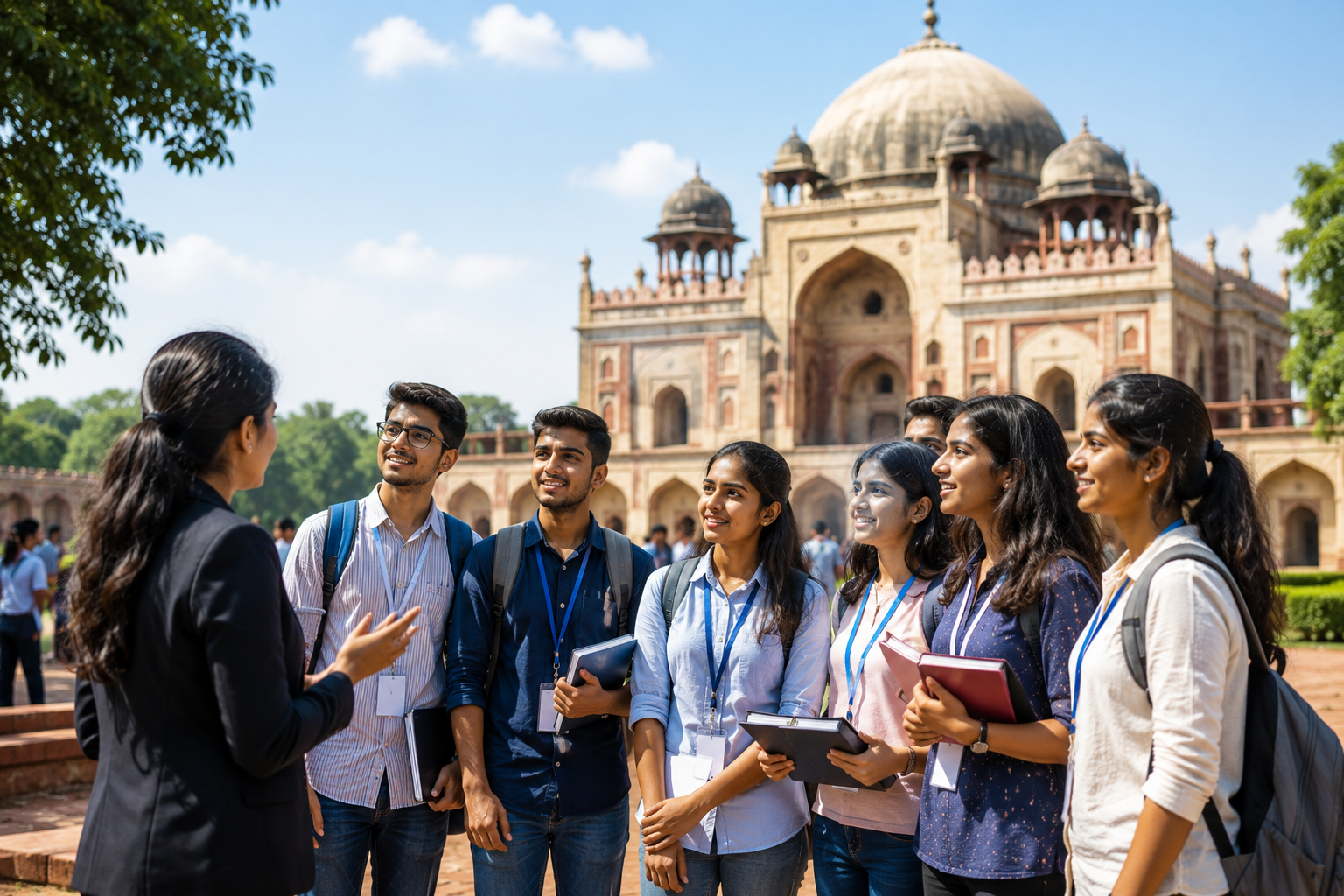 Group of students with their guide at a historic monument