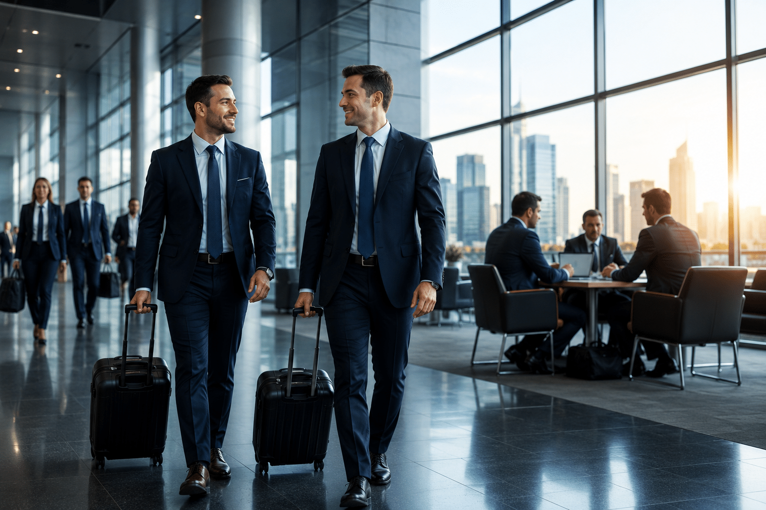Business travellers with luggage in an airport terminal