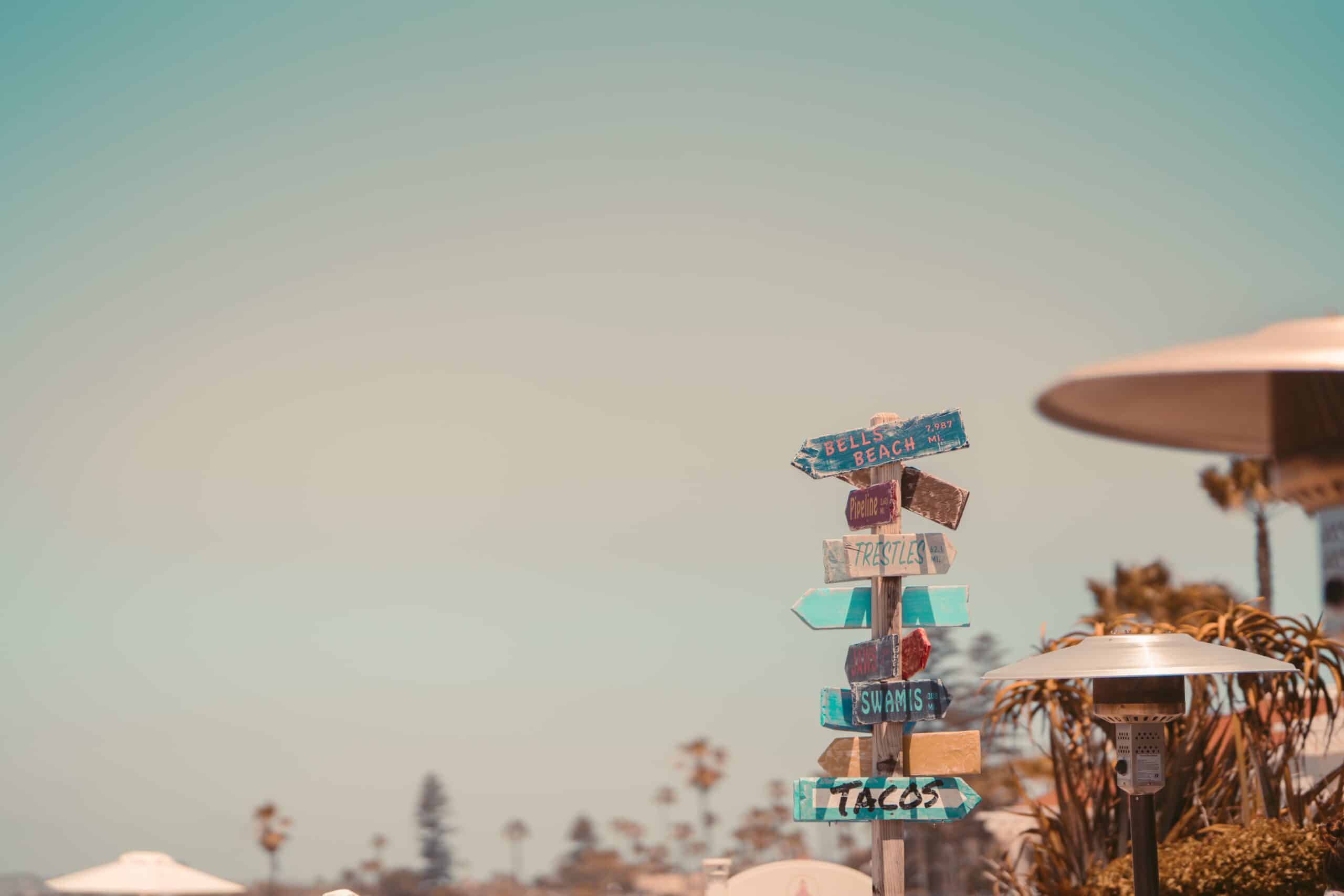 Signpost pointing towards several travel destinations