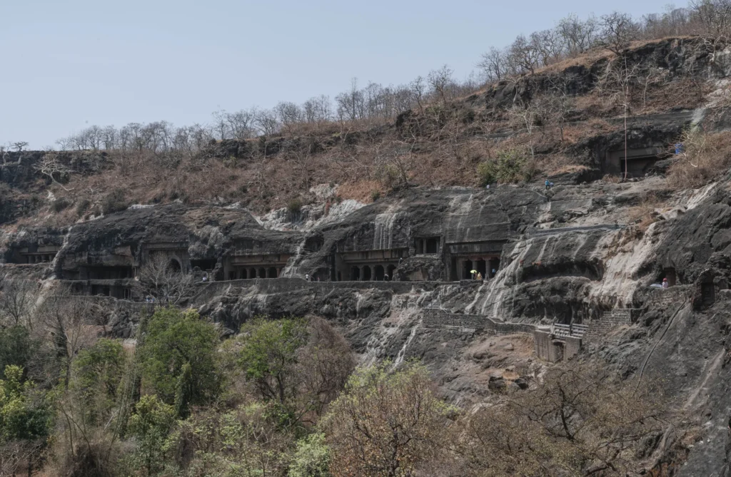 The Ajanta Caves along the horseshoe gorge of the Waghora river