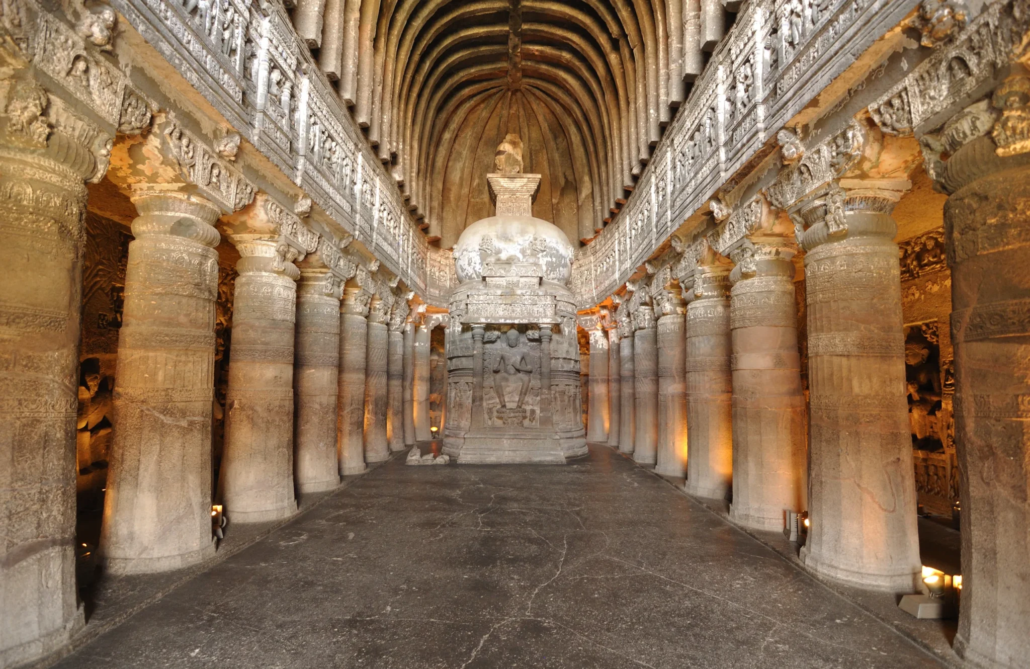 Inside Cave 26, a Buddhist chaitya hall at Ajanta