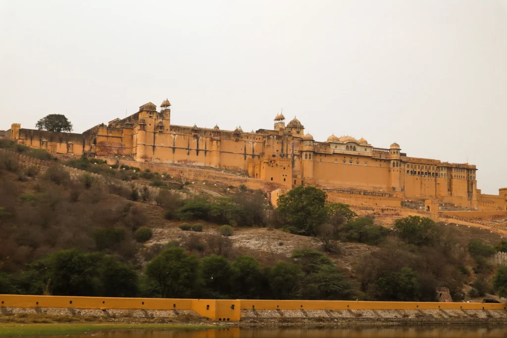 Amber Fort ramparts stretching along the hillside above Maota Lake
