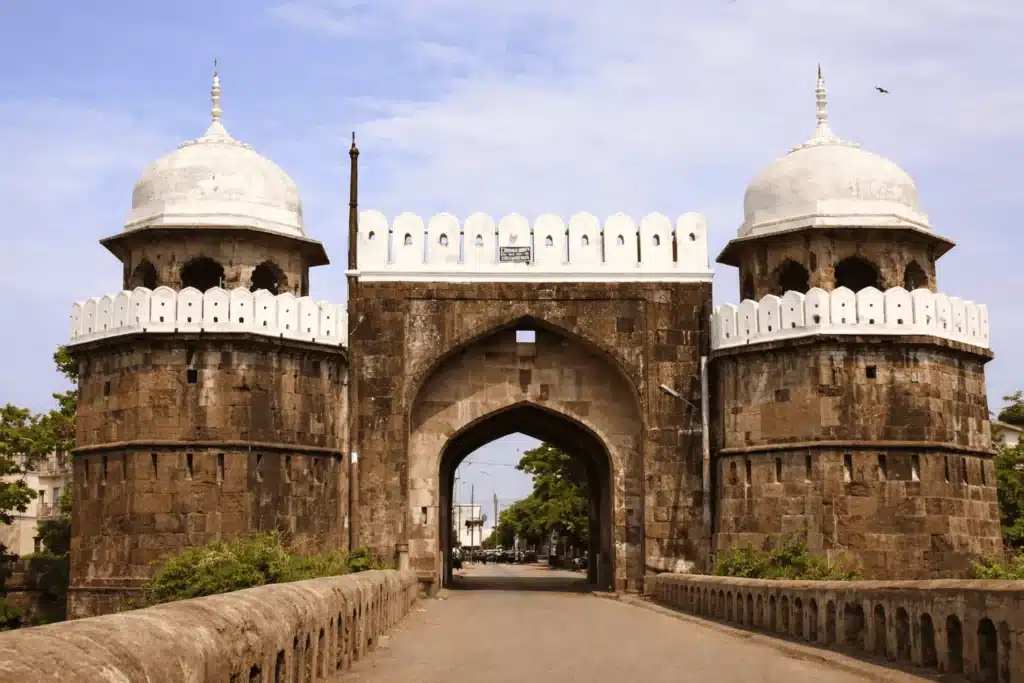 One of the historic stone city gates of Aurangabad, flanked by two domed towers