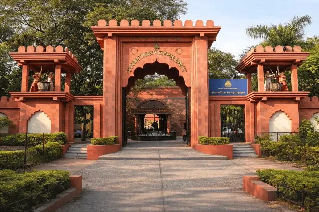 Red sandstone gateway into the landscaped courtyard of the Chhatrapati Shivaji Maharaj Museum, Aurangabad