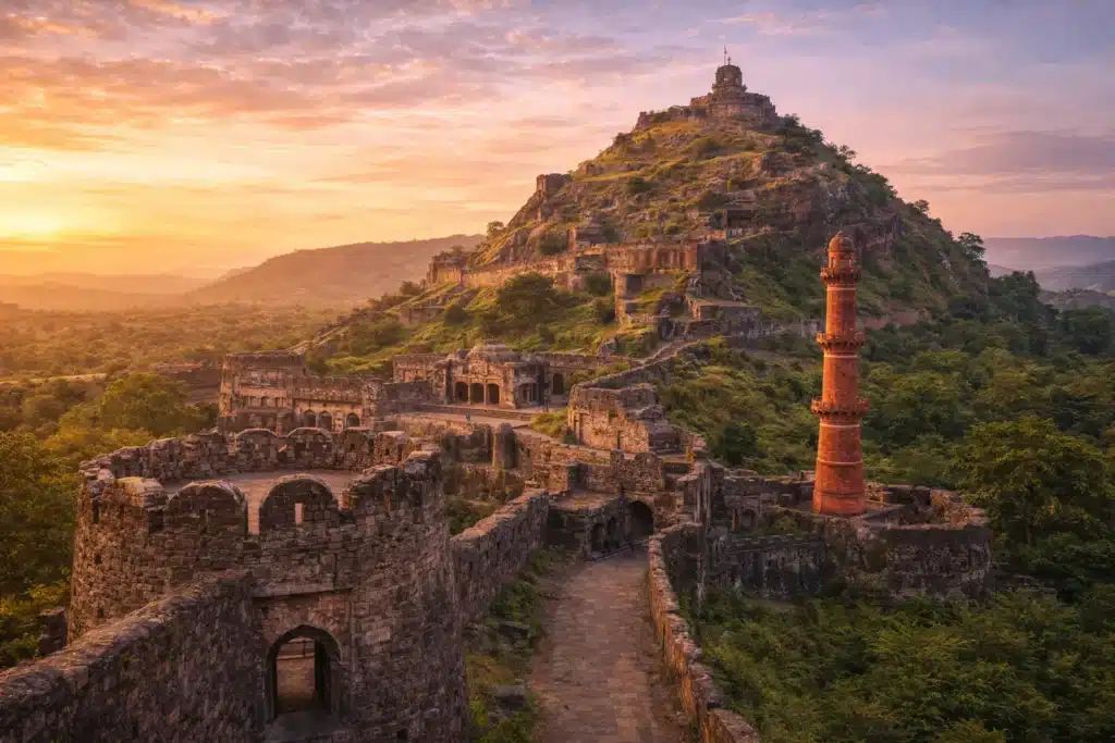 Devgiri (Daulatabad) Fort hilltop ruins and minaret at sunset, near Aurangabad