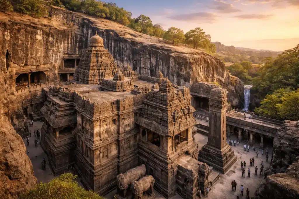 The Kailasa temple, carved from a single rock, at the Ellora Caves near Aurangabad