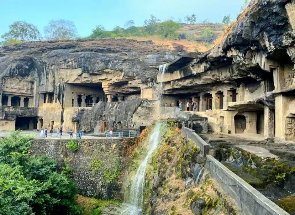 Monsoon waterfall beside the cave temples at Ellora, near Aurangabad