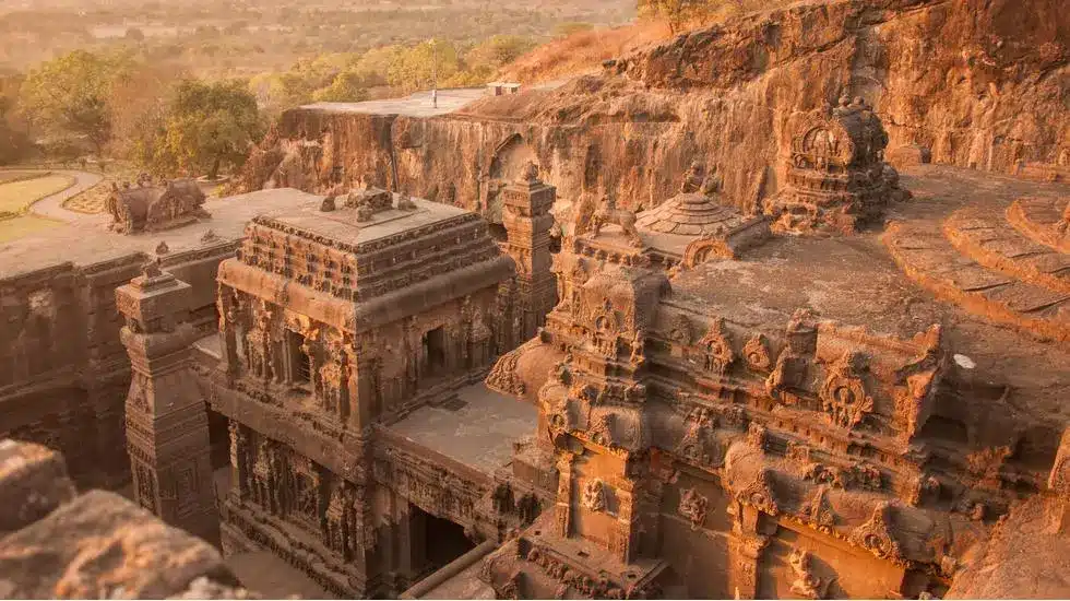 The carved Kailasa temple at the Ellora Caves near Aurangabad, seen from the cliff above