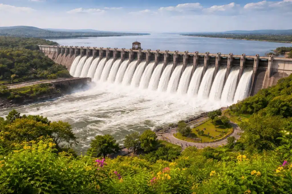 Water flowing over the spillway gates of Jayakwadi Dam, Paithan, near Aurangabad