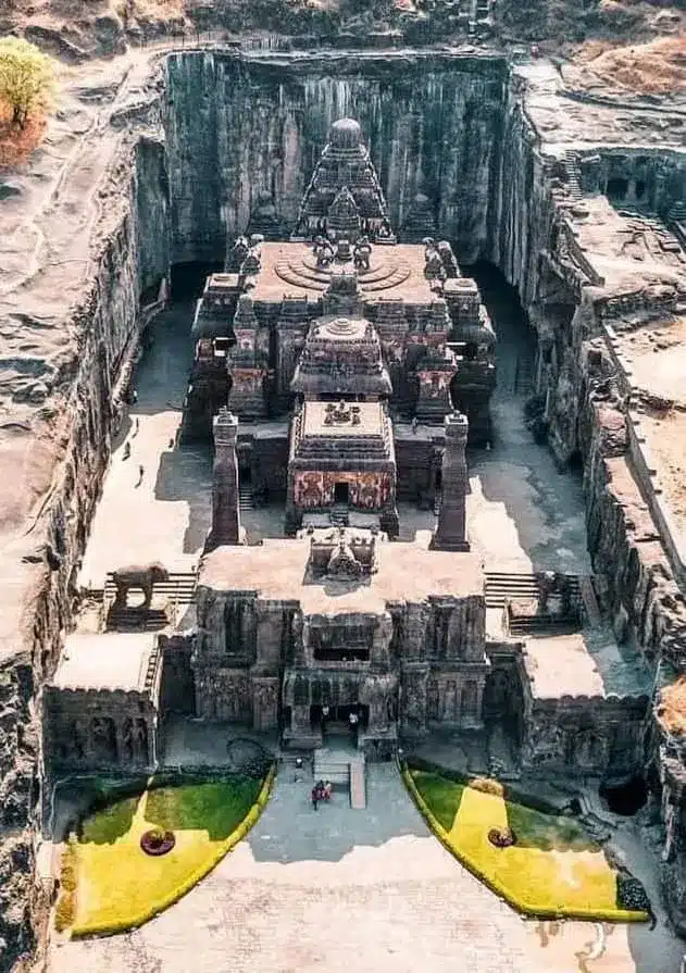 Aerial view of the Kailasa temple carved down into the rock at Ellora, near Aurangabad
