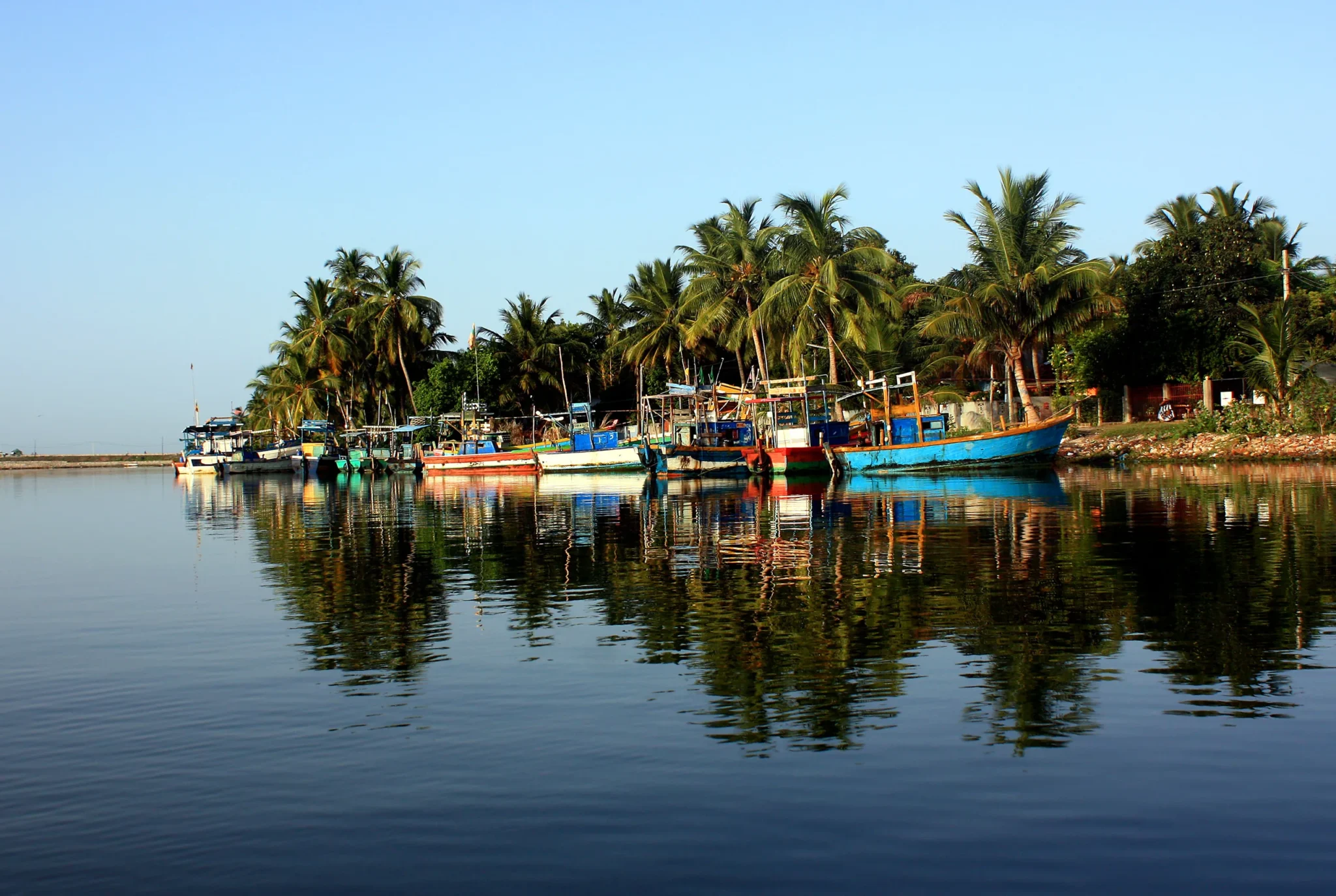 Palms and fishing boats reflected in the still Batticaloa lagoon