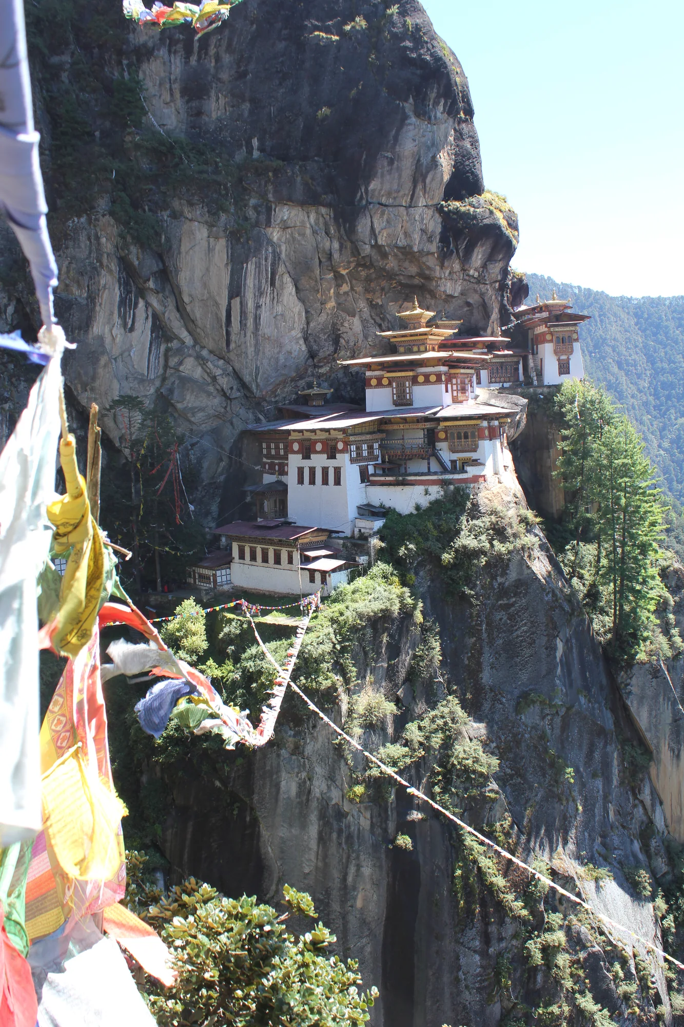 Tiger's Nest monastery on its cliff above the Paro valley, framed by prayer flags