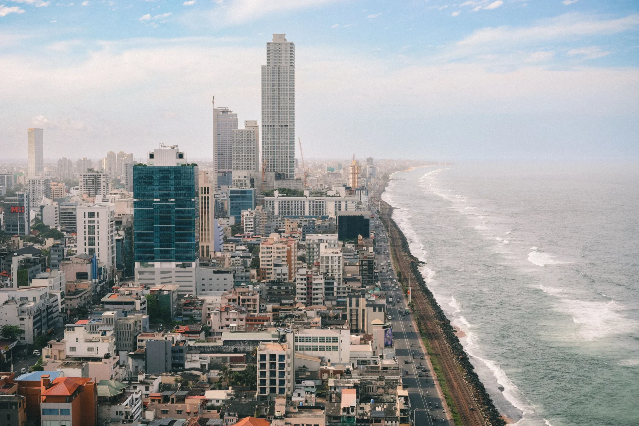 Colombo high-rises along the coast and seaside railway line