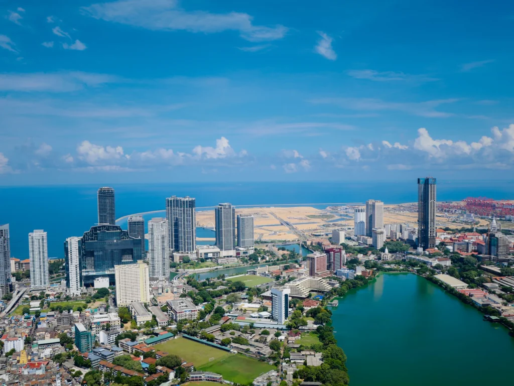 Aerial view of Beira Lake, the Colombo skyline and the Indian Ocean