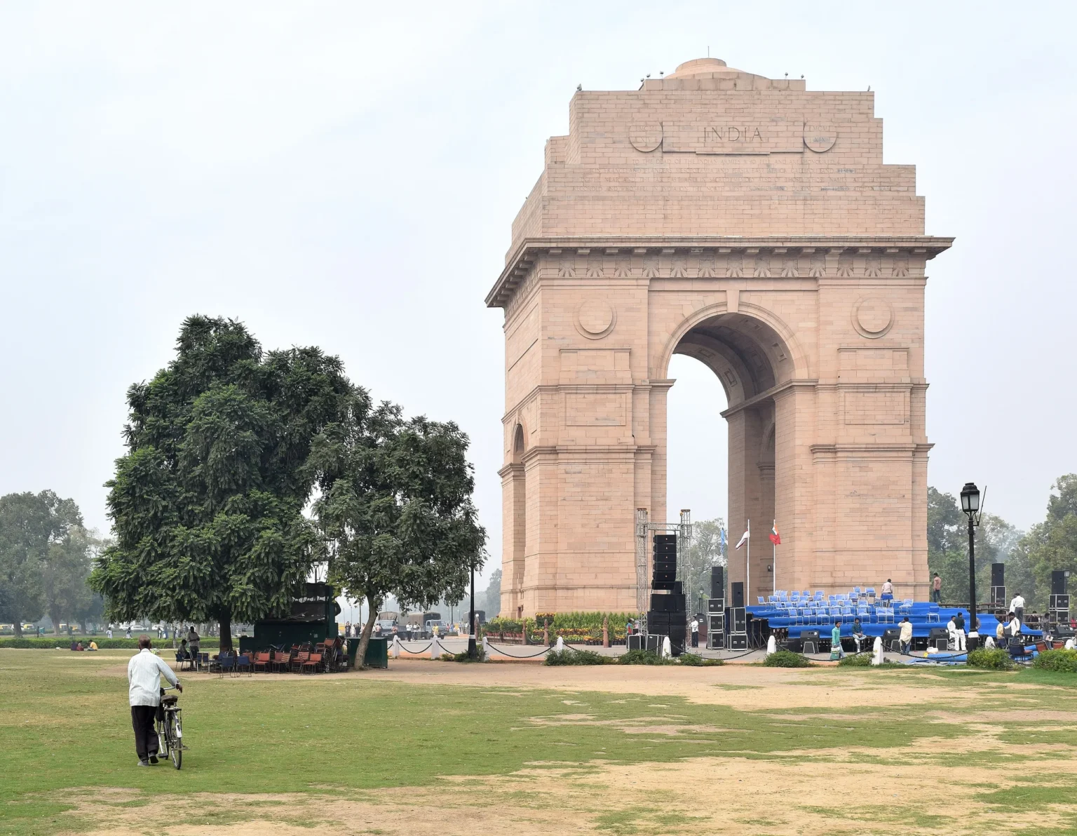 India Gate war memorial arch in New Delhi seen from the west