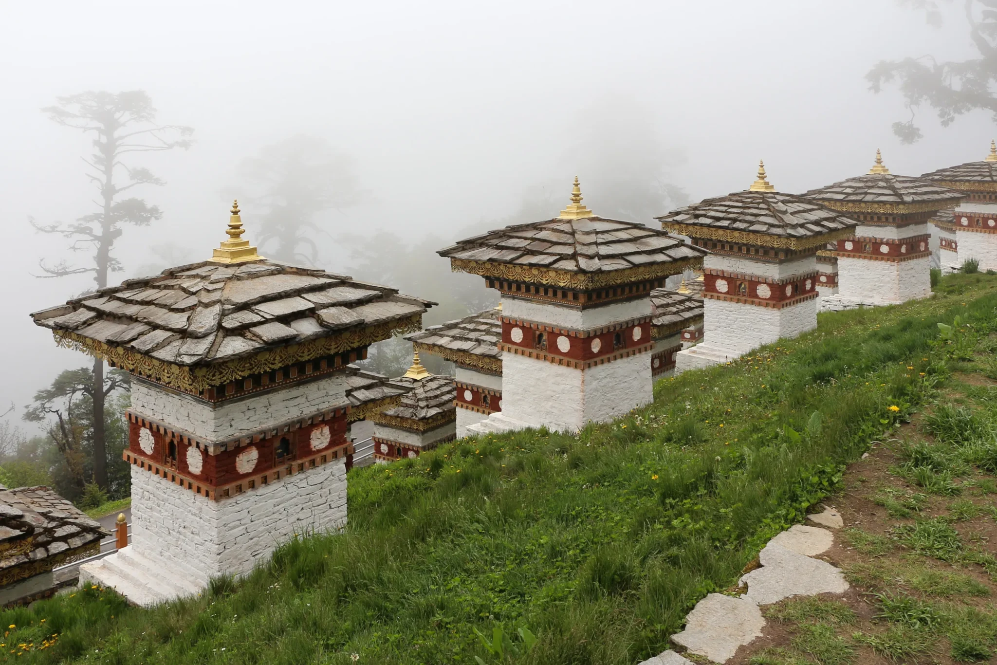 The 108 Druk Wangyal chortens at Dochu La in mist