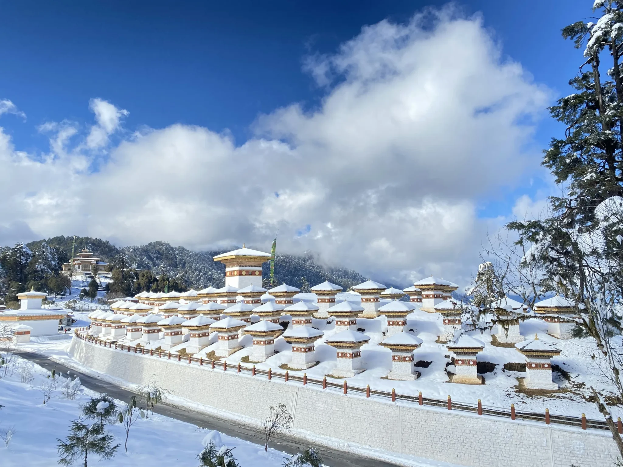 Dochu La pass and its chortens in snow