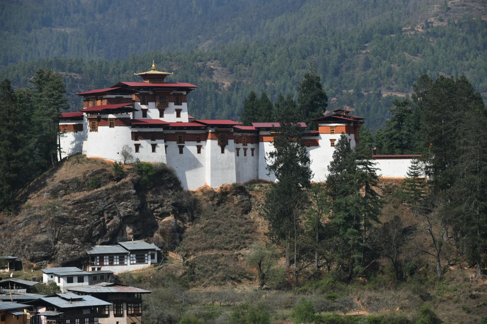 Drukgyel Dzong on its ridge in the Paro valley