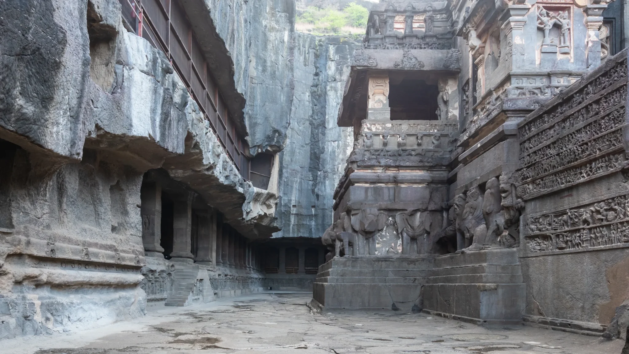 Courtyard and carved reliefs of the Kailasa Temple, Ellora