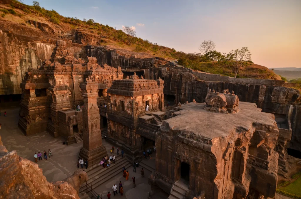 The Kailasa Temple at Ellora from the cliff rim at sunset
