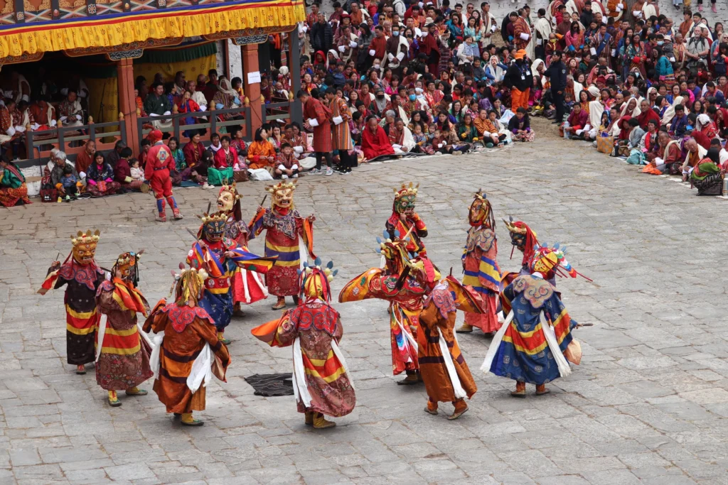 Masked dancers at a Bhutanese tsechu festival