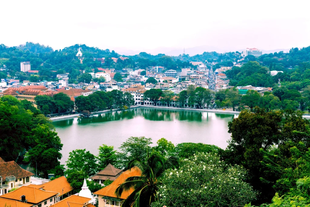 Kandy Lake and the town of Kandy among green hills