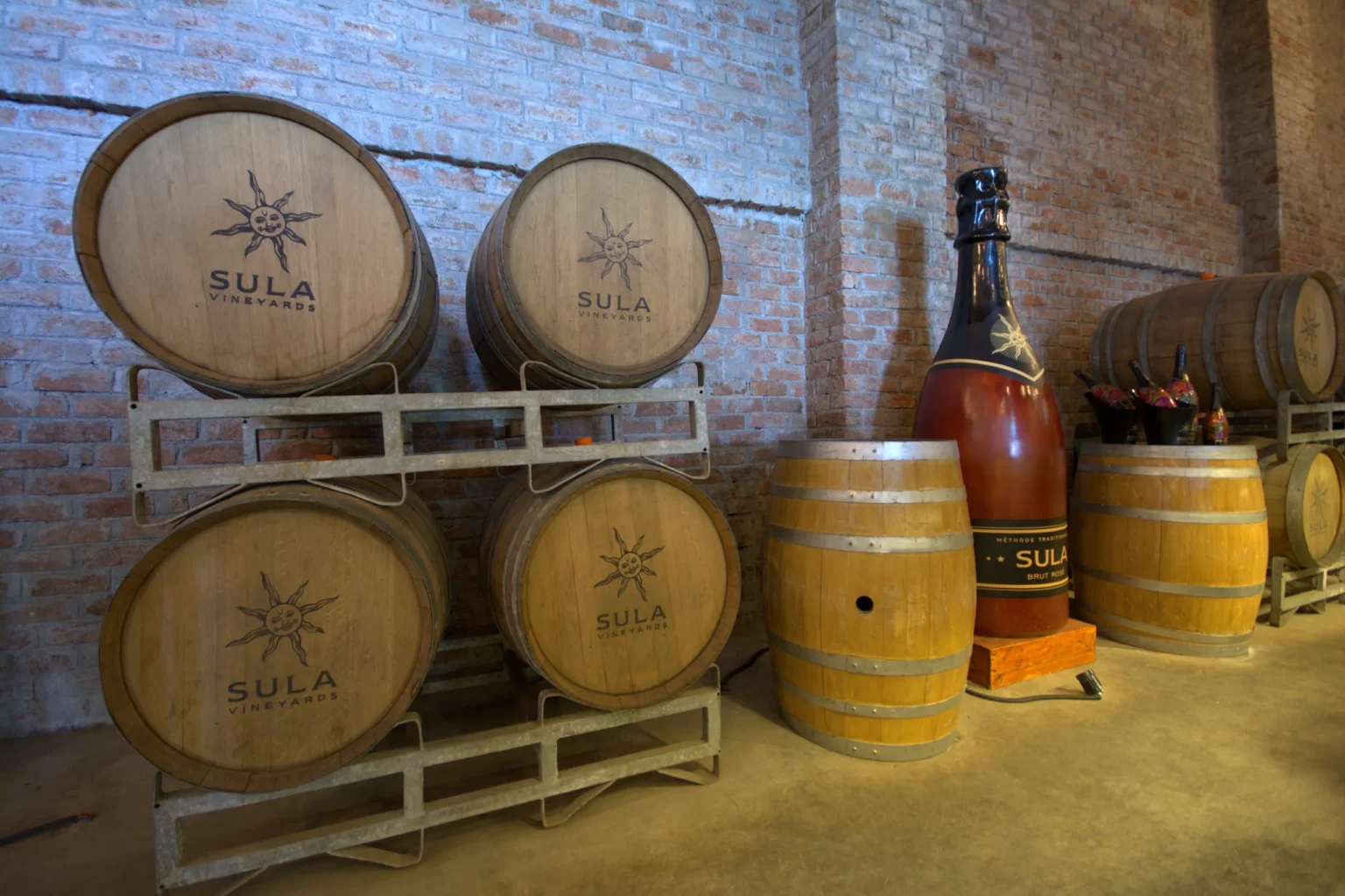 Wine barrels in a Nashik winery cellar