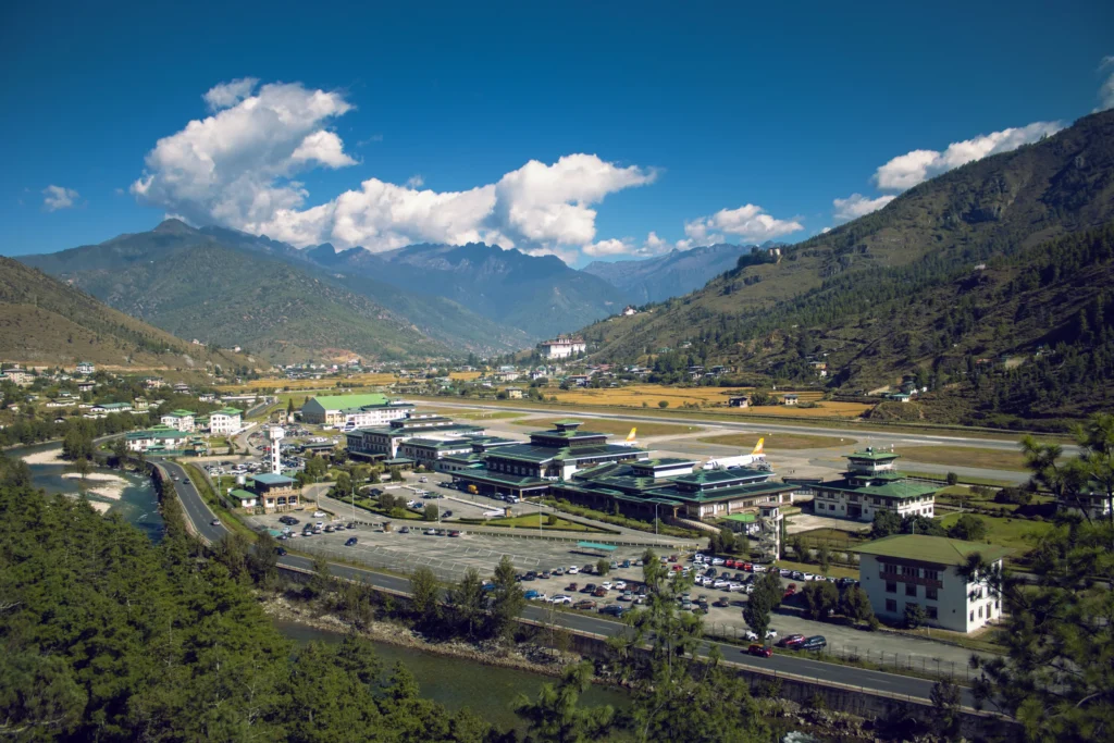 Paro airport in the valley from above