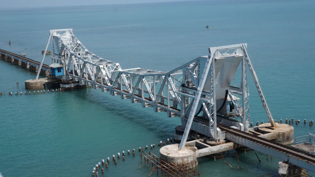 Aerial view of the Pamban bridge lift span over turquoise sea