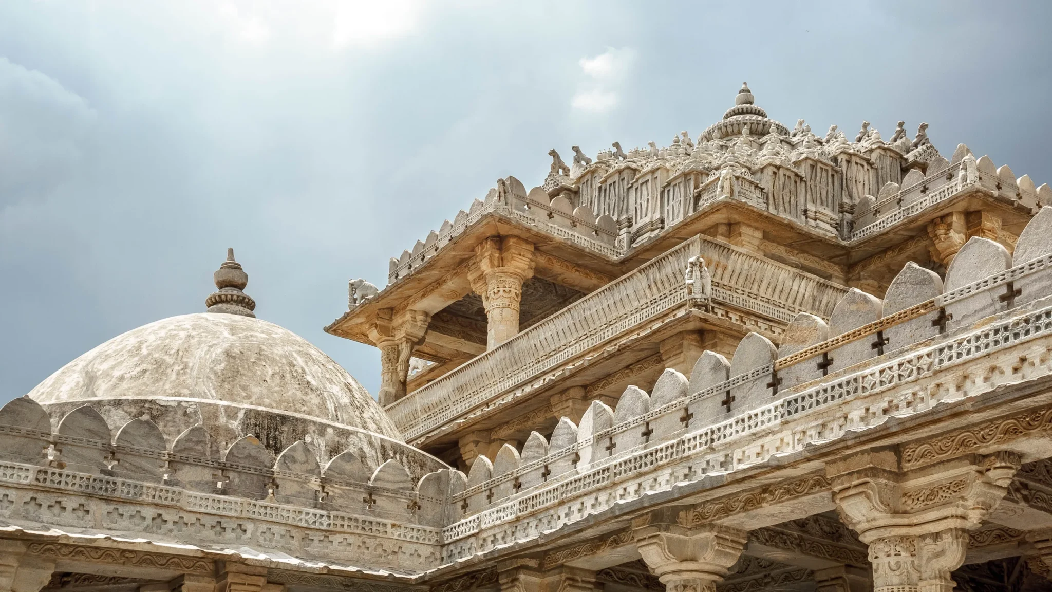 Carved marble roofline and domes of the Ranakpur Jain Temple