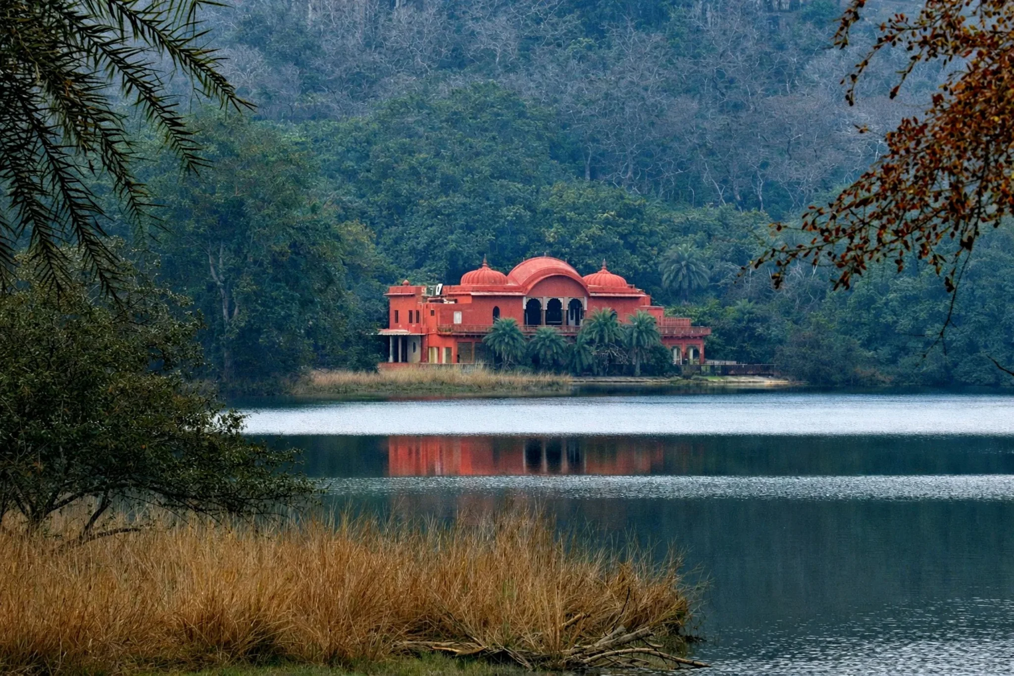 Red-domed hunting lodge beside a forest lake in Ranthambore