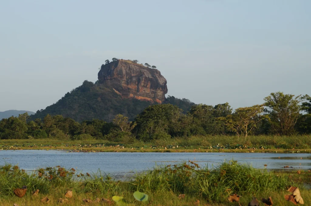 Sigiriya Rock rising above the jungle beyond a lotus lake