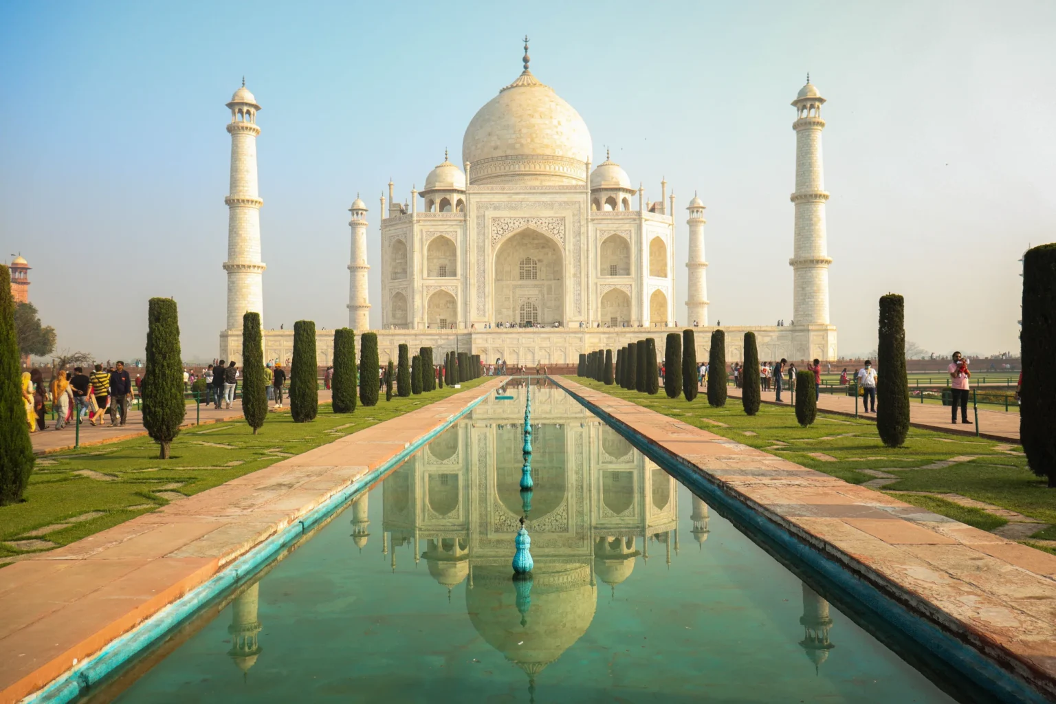 Taj Mahal reflected in the long garden pool